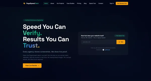 PageSpeed.Tech homepage with Free Speed Test widget