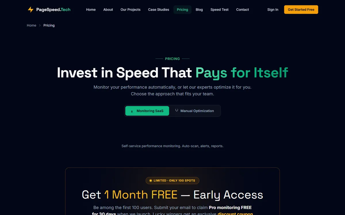 PageSpeed.Tech — Pricing tiers across SaaS and Manual Optimization